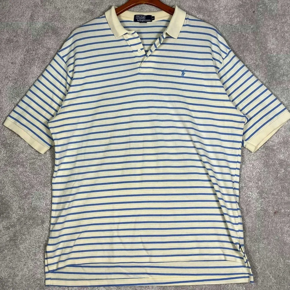 Vintage 80s Polo Ralph Lauren Polo Shirt Mens XL Yellow Blue Striped Made in USA
